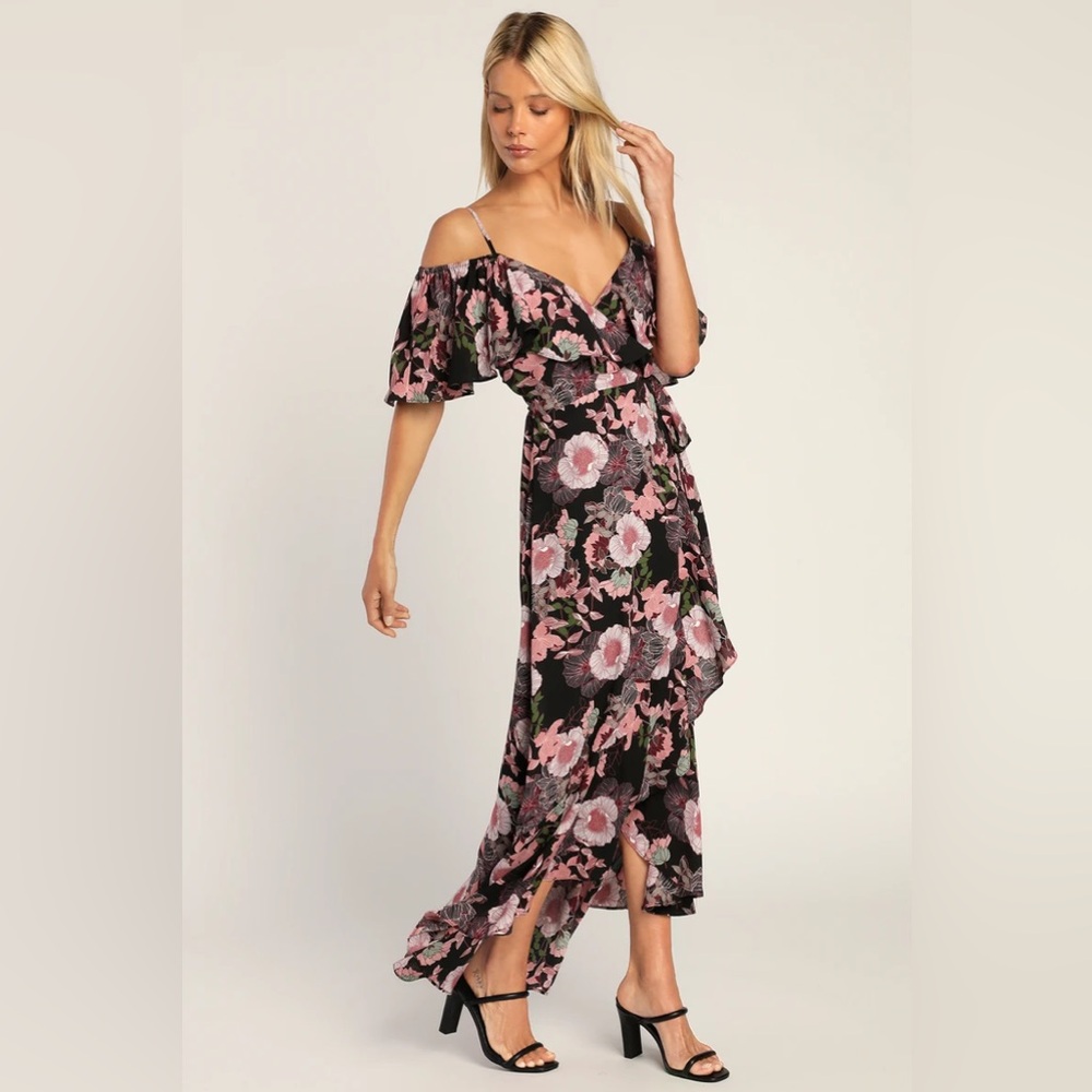 Lulu’s Fully Bloomed Black Floral Off-the-Shoulder Maxi Wrap Dress, Size M